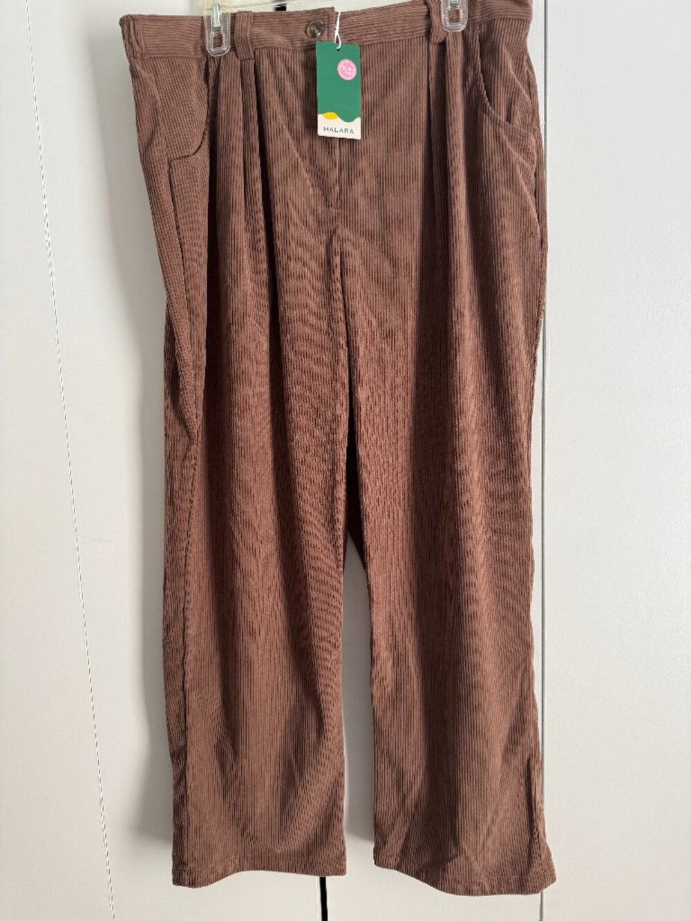 Halara Corduroy Pleated Brown 2X High Rise Elastic Waist Pants